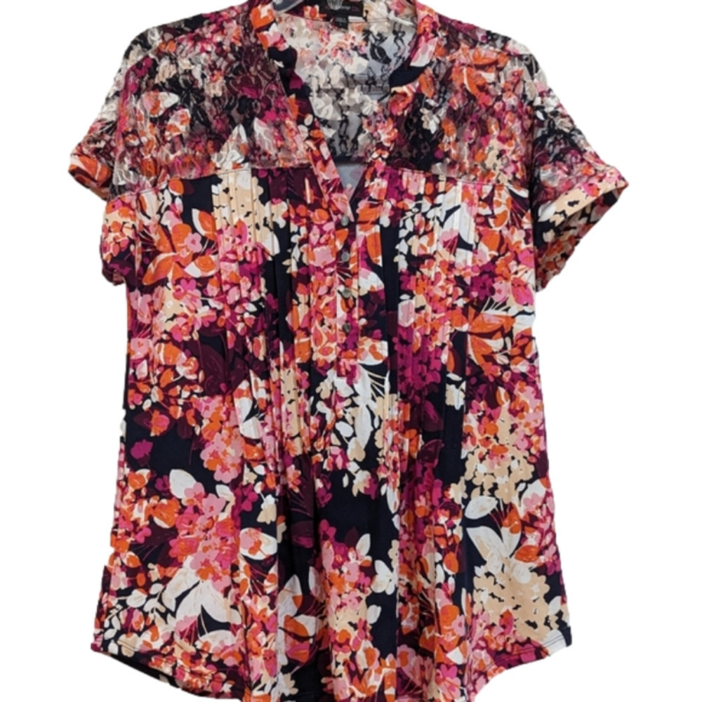 Pink flower blouse with lace at top, size large